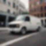 A sleek white van parked in an urban environment