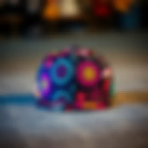 A stylish fitted hat adorned with vibrant patterns