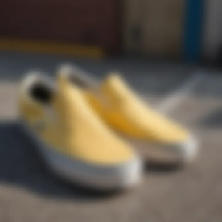 Close-up of the unique texture and design of light yellow slip-on Vans