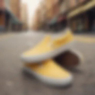 Light yellow slip-on Vans against a vibrant urban backdrop