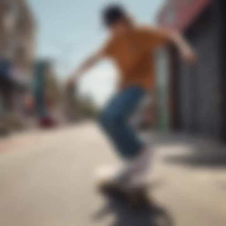 Skateboarder wearing low waisted Dickies in an urban environment