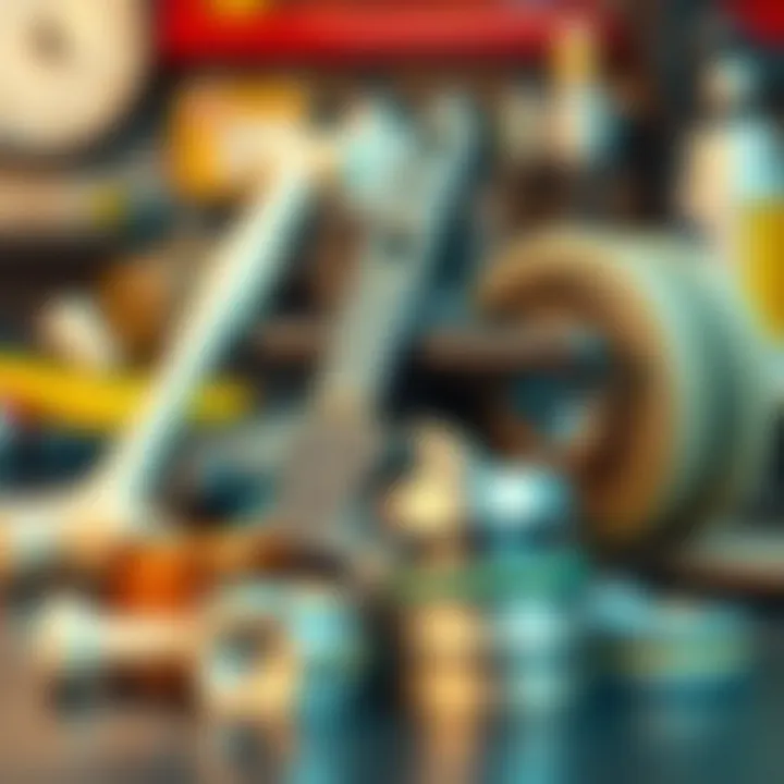 Maintenance tools for skateboard components displayed together