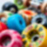 Close-up of skateboard wheels showcasing different materials and designs