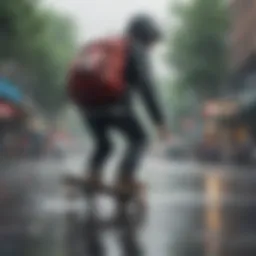 Skateboarder with a spray guard backpack on a rainy day