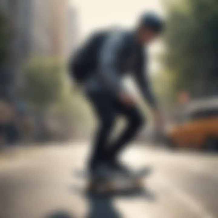 Skateboarder adjusting the weight distribution of their backpack