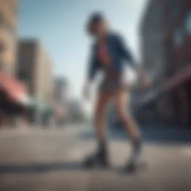 A stylish individual wearing designer roller skates in an urban environment.