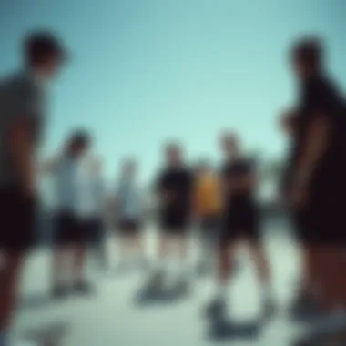 Group of skaters gathered at a skate park wearing black Nike shorts