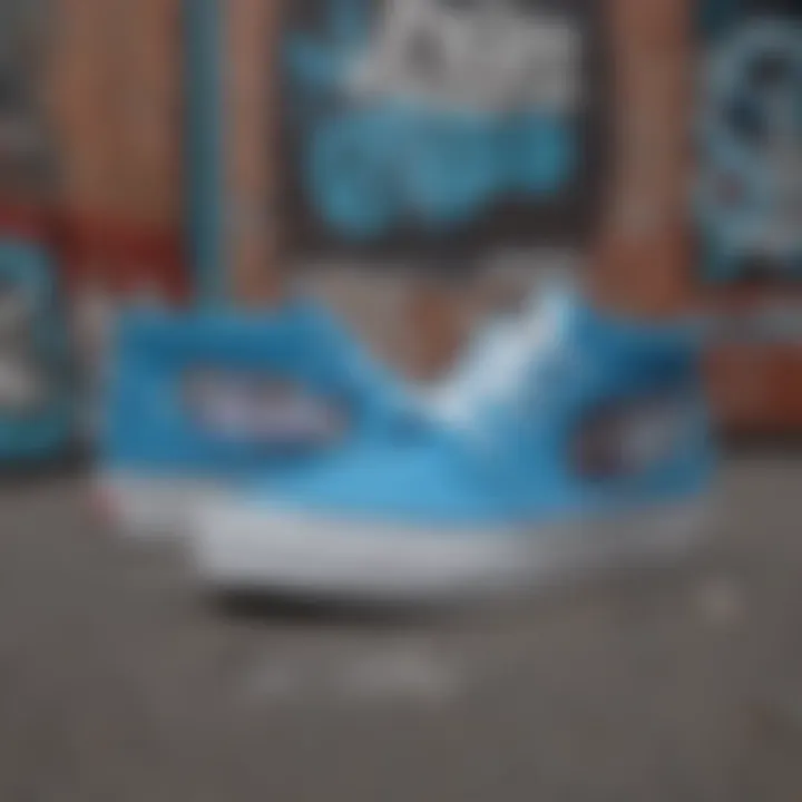 Stylized image of the Vans Chukka Low Blue with urban graffiti background, symbolizing skate culture