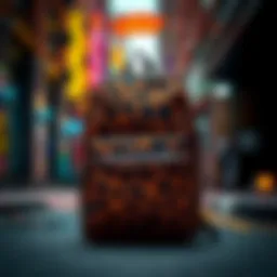 Stylish Vans leopard print backpack displayed against a vibrant urban background