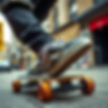 Vans Old Skool in Action A skateboarder demonstrating the fit of Vans Old Skool on the board in an urban environment