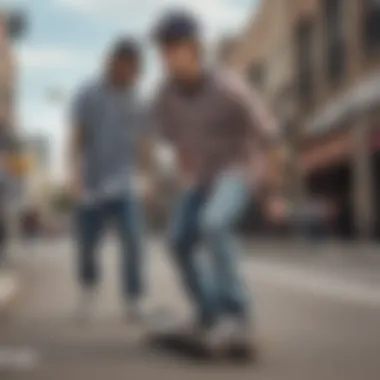 Group of skateboarders wearing Vans striped shirts