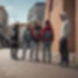 A group of skaters wearing Vans sweater hoodies in an urban setting