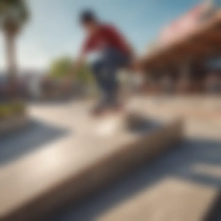 A close-up of the plaza's unique features, highlighting its skateboarding elements.