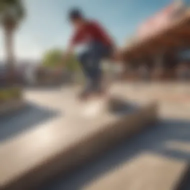 Unique Skateboarding Features of Vans Valley Plaza A close-up of the plaza's unique features, highlighting its skateboarding elements.