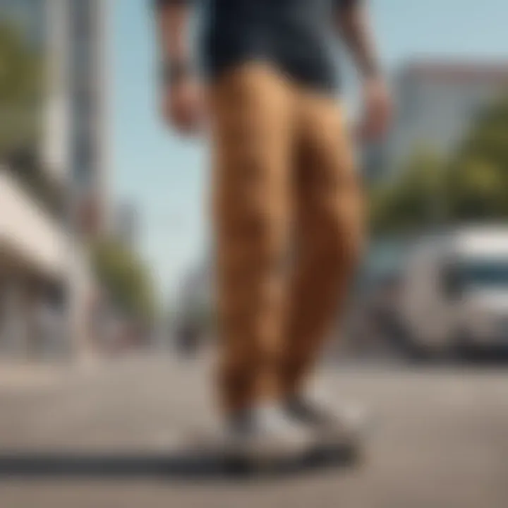 Different styles of cargo pants displayed on a skateboard