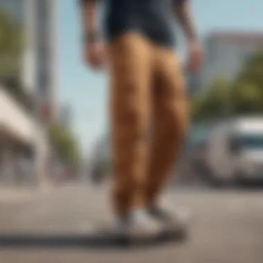 Diverse Styles of Cargo Pants for Skaters Different styles of cargo pants displayed on a skateboard