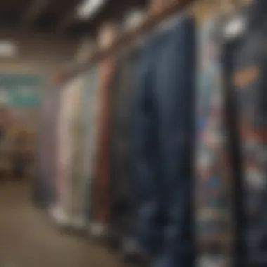 A display of various designs and styles of loose skate pants hanging in a skate shop