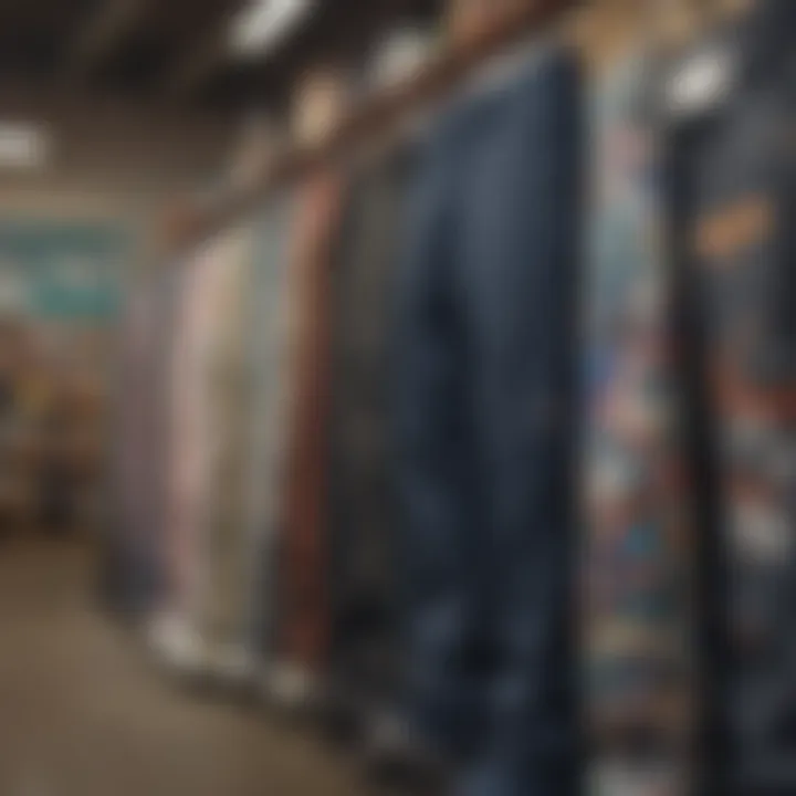 A display of various designs and styles of loose skate pants hanging in a skate shop