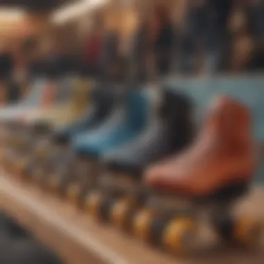 An array of designer roller skates displayed on a rack, highlighting various styles.