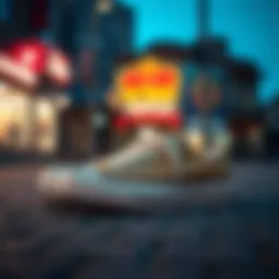 A stylish pair of Converse shoes on a vibrant urban street