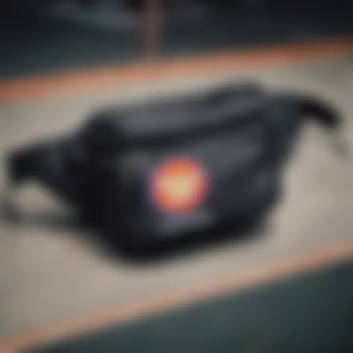 Close-up of a brand logo on a fanny pack