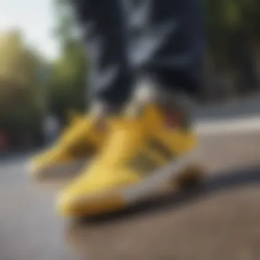 A vibrant pair of yellow Adidas skate shoes on a skateboard