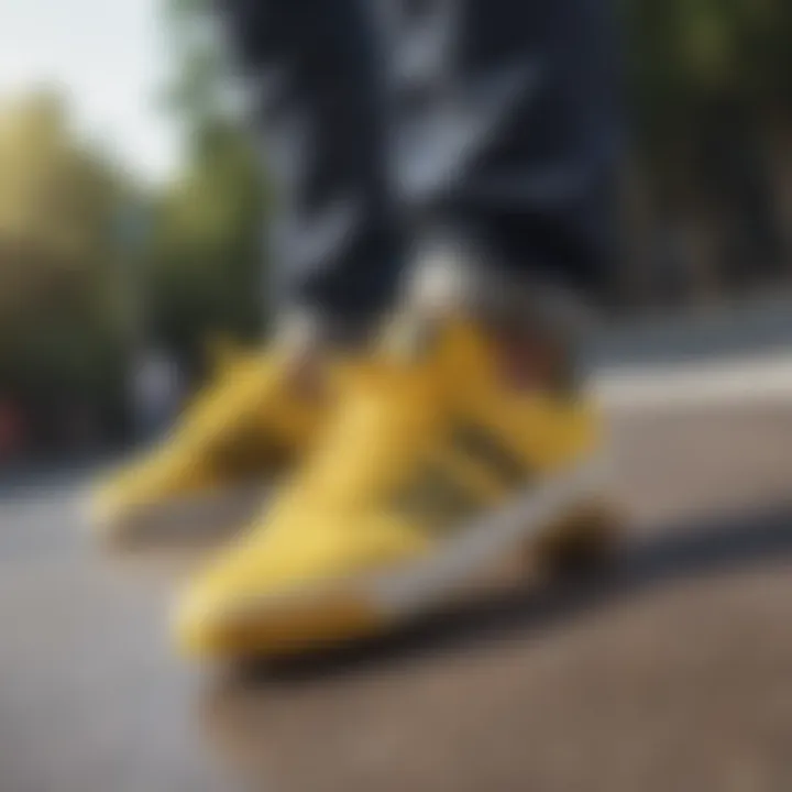 A vibrant pair of yellow Adidas skate shoes on a skateboard